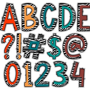 Half zebra animal print alphabet & numbers PNG, Boho Doodle zebra Alphabet letters PNG Hand Drawn Sublimation Clipart PNG, Digital Downloads