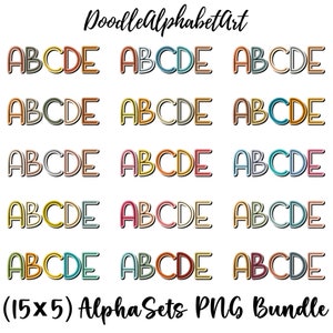 Black CenterLine Doodle Alphabet letters Mega PNG Bundle, Block Shadow, 15 Fall multi-colored Palettes,Natural Handwritten Comic Font Design