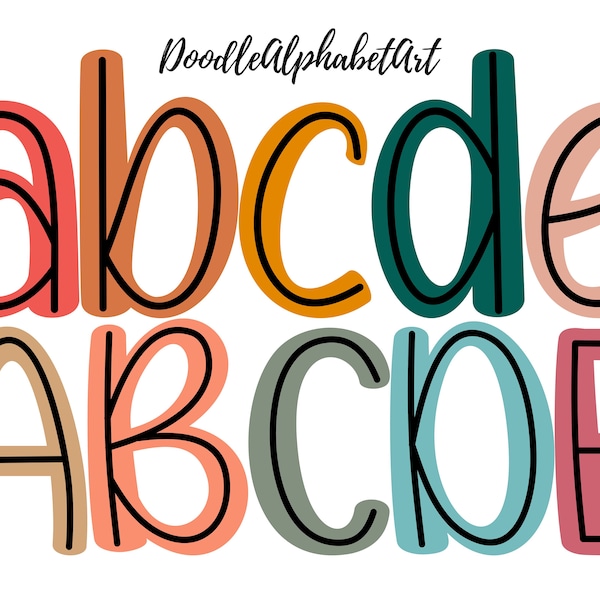 Center Line Doodle Alphabet Letters PNG Bundle, Earthy Boho Color Palette, Digital Hand Drawn Scribble Letters for Sublimation Designs, DIY