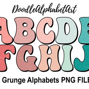 Grunge Alphabet Distressed Font PNG Transparent, Hand Drawn Groovy Retro Doodle Alphabet PNG feat. 10 Modern Boho colors Sublimation Designs