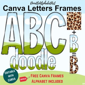 Scribble Canva Frame Letters, Condensed sans serif typeface, Digital Hand-drawn doodle Alphabet, Drag and Drop Photo, Patterns, Fill colors