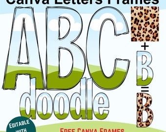 Scribble Canva Frame Letters, Condensed sans serif typeface, Digital Hand-drawn doodle Alphabet, Drag and Drop Photo, Patterns, Fill colors