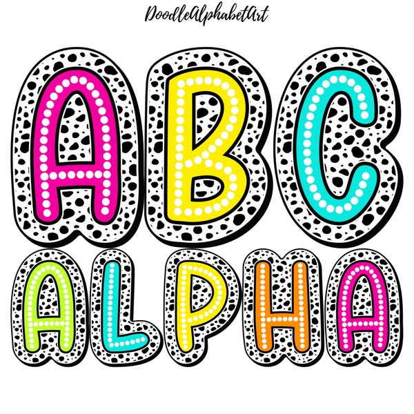 Dalmatian Dots Letters PNG Bundle, Bright Colors, 5 Alpha Sets, Handwritten Font Marquee Alphabet, Digital Downloads for sublimation designs