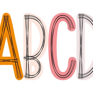 Scribble letters PNG in 4 Colors, Gold Drop, Misty Rose, Sea Pink. Doodle Alphabet PNG Bundle, Hand Drawn Sublimation Digital Downloads