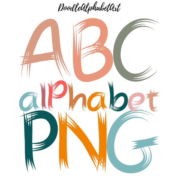 Boho Brush Stroke Doodle Alphabet PNG Bundle, Hand Lettering PNG, Urban Modern Handwriting Fonts PNG, Digital Downloads, Sublimation Designs