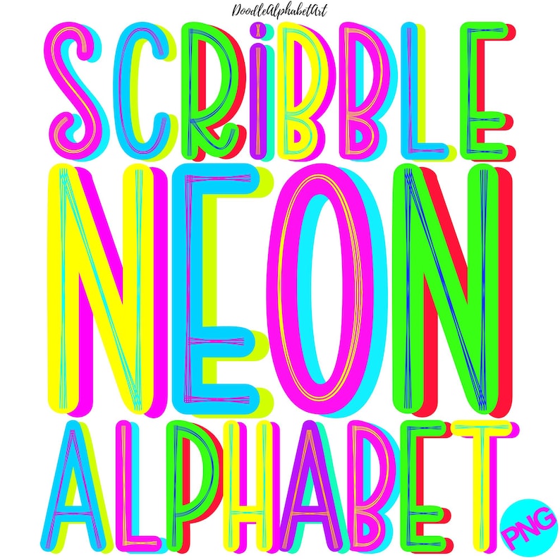 Neon Scribble Doodle Alphabet PNG Bundle