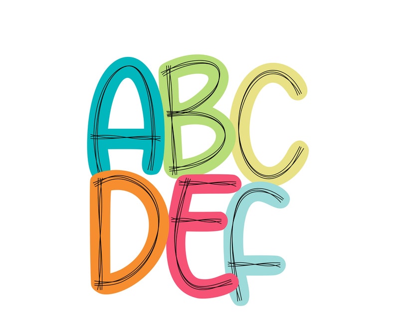 May include: Colorful letters of the alphabet, A, B, C, D, E, and F, are drawn in a hand-drawn style with black outlines. The letters are in different colors, including teal, green, yellow, orange, pink, and blue.