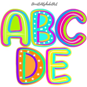 Funky Neon Doodle Alphabet PNG Bundle, 5 Playful Bright Doodle Letters Set, Digital Download