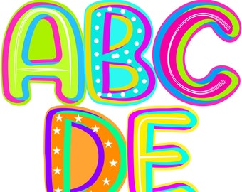 Funky Neon Doodle Alphabet PNG Bundle, 5 Playful Bright Doodle Letters Set, Digital Download