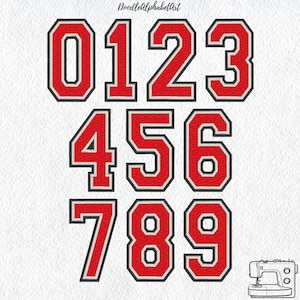 May include: A collection of red and white varsity-style numbers, 0 through 9, with a black outline. The numbers are displayed on a white background. The text "Doodlealphabetart" is at the top. A sewing machine is in the bottom right corner.