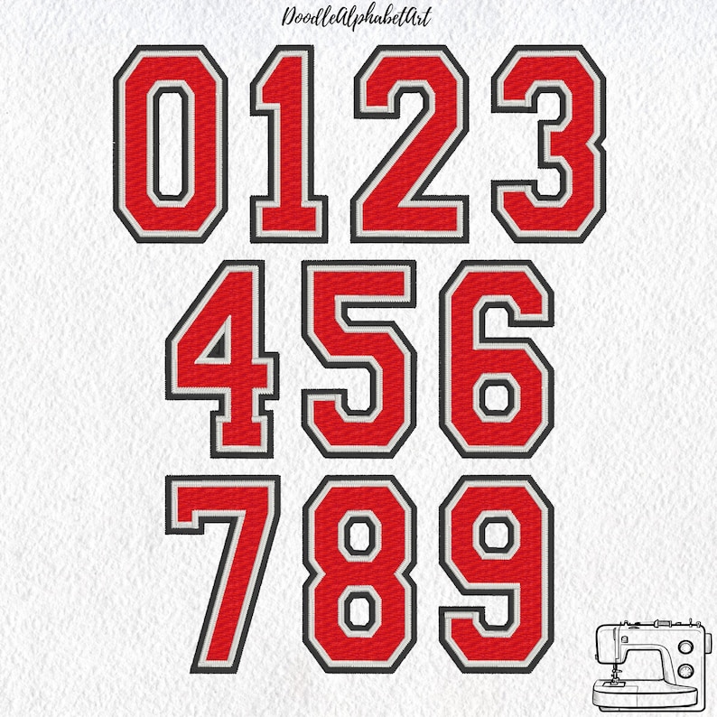 May include: A collection of red and white varsity-style numbers, 0 through 9, with a black outline. The numbers are displayed on a white background. The text "Doodlealphabetart" is at the top. A sewing machine is in the bottom right corner.