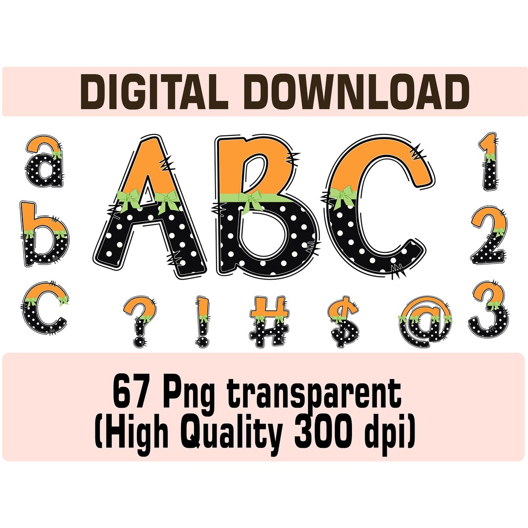 Orange Doodle Alphabet Letters PNG Bundle, Green, Black and White ...