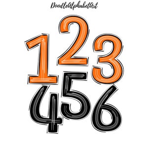 May include: Orange and black doodle style numbers 1, 2, 3, 4, 5, and 6. The numbers are drawn with a thick, black outline and filled with orange or black.