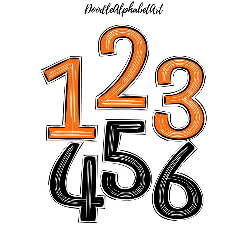 May include: Orange and black doodle style numbers 1, 2, 3, 4, 5, and 6. The numbers are drawn with a thick, black outline and filled with orange or black.