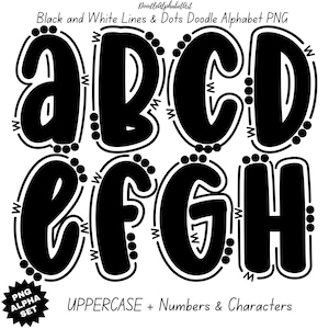 Black and white dots and lines Doodle Alphabet PNG Bundle, Outlined Letters PNG, Hand-drawn Playful Alphabet Set for DIY Sublimation design