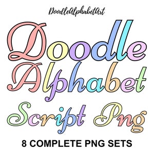 May include: A set of 8 complete PNG sets of a pastel colored doodle alphabet script font. The font is in a cursive style and the letters are outlined in black. The text "Doodle Alphabet Script Png" is written in the font. The text "8 Complete PNG Sets" is written in black below the font.