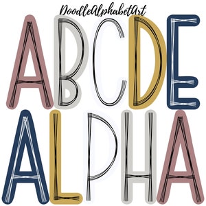 Scribble Letters PNG - Navy palette Color with 5 Colors, a Navy Doodle Digital Alphabet PNG Bundle, Digital Hand Drawn Sublimation designs