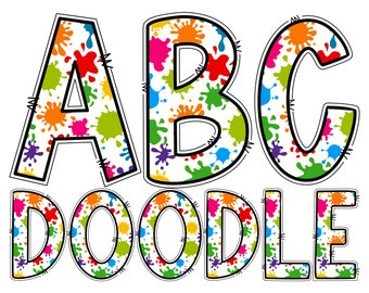 Paint Splats Digital Alphabet Letters PNG, Hand Drawn Digital Doodle Alphabet Sublimation Clipart PNG