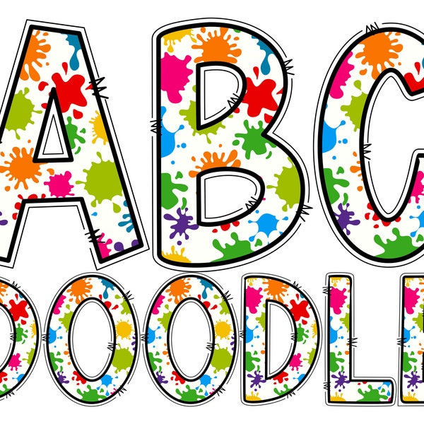 Paint Splats Digital Alphabet Letters PNG, Hand Drawn Digital Doodle Alphabet Sublimation Clipart PNG