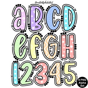 Pastel lines and dots Doodle Font Alphabet PNG, Stars, Polka dot, flowers, Hearts love, Zig-Zag and Dalmatian dots Letters for summer crafts