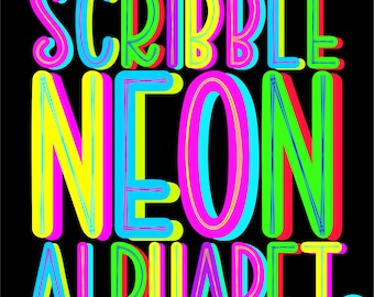 Bright Neon Scribble Doodle Alphabet PNG Bundle | Hand-Drawn Letters for Sublimation & DIY Crafts