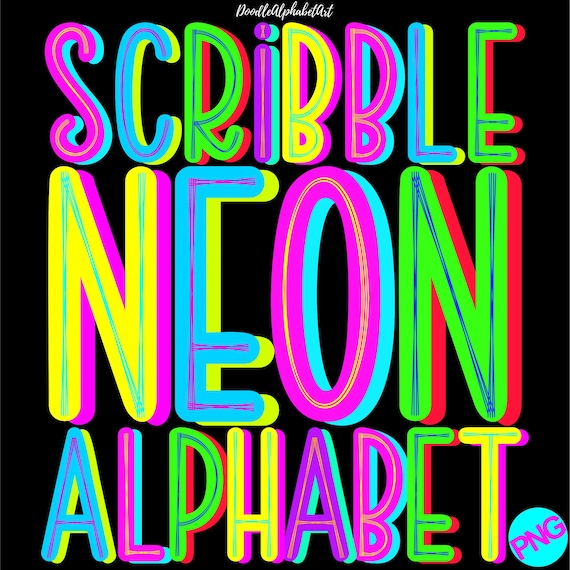 Bright Neon Scribble Doodle Alphabet PNG Bundle | Hand-Drawn Letters for Sublimation & DIY Crafts