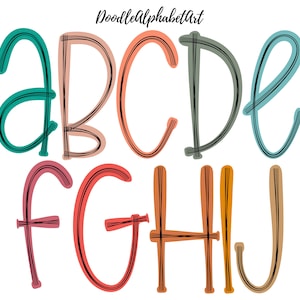 Baseball Bats Scribble Letters PNG in 10 Colors, Boho Doodle Alphabet PNG Bundle, Hand Drawn Digital Scribble Alphabet Sublimation Designs