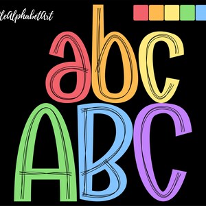 May include: A colorful illustration of the letters "abc" and "ABC" in a rainbow color scheme. The letters are drawn in a doodle style with a black outline.