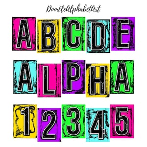 May include: Colorful alphabet letters and numbers with a distressed, grunge-style design. The letters are black with white outlines and are set against a background of bright colors, including yellow, pink, green, blue, and purple.