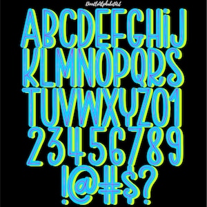 Neon blue Scribble Doodle Letters A-Z numbers and Symbols