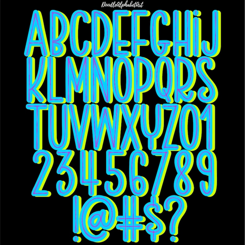 Neon blue Scribble Doodle Letters A-Z numbers and Symbols