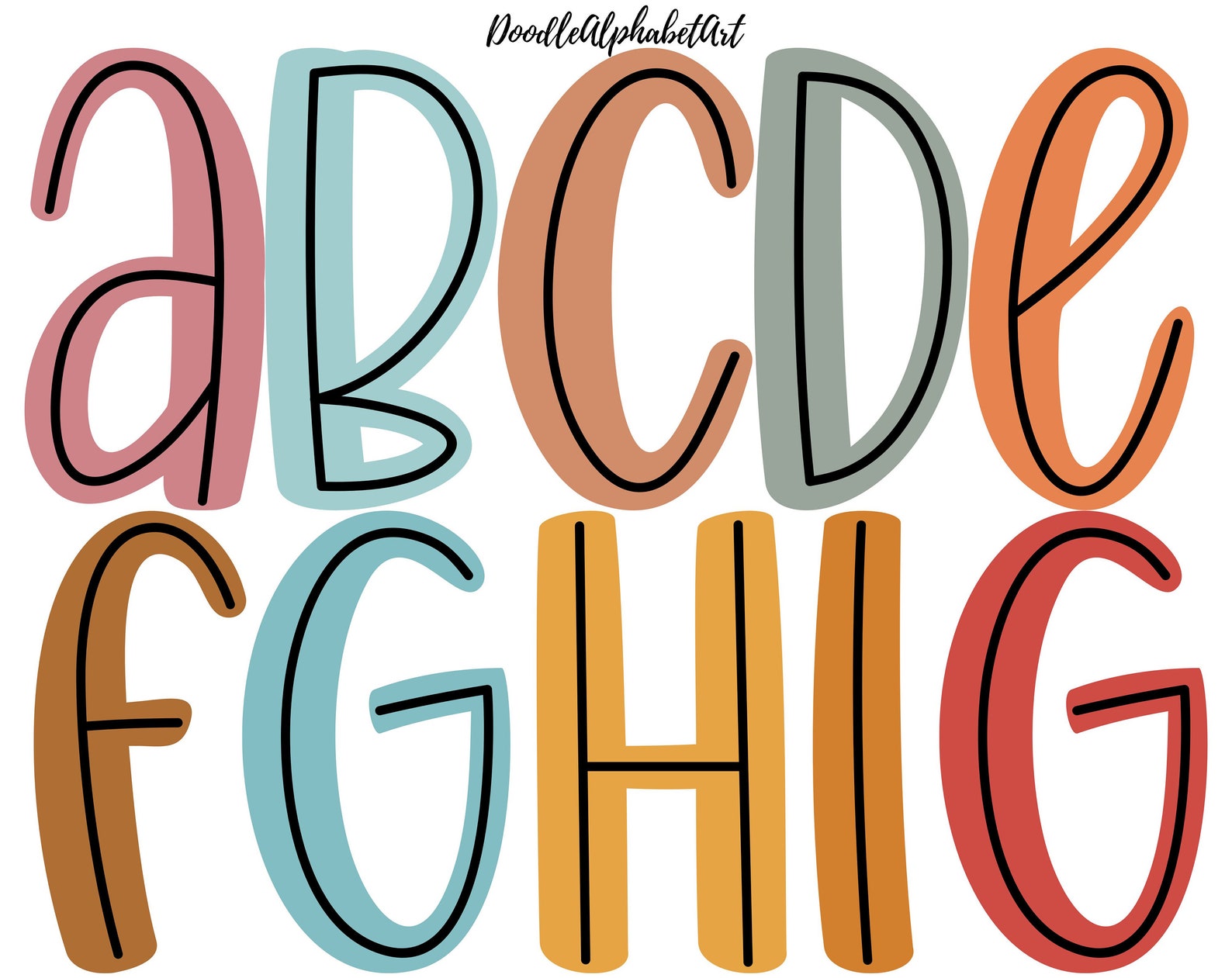 Center Line Scribble Letters PNG in 10 Colors, Bright Boho Doodle ...