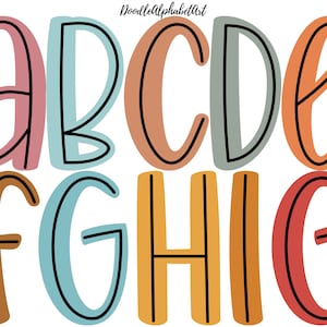 Center Line Scribble letters PNG in 10 Colors, Bright Boho Doodle Alphabet PNG Bundle, Hand Drawn Alpha Sublimation Designs Digital Download