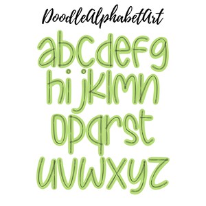 May include: A green outlined alphabet with a black doodle style font. The letters are in uppercase and are arranged in rows. The text "DoodleAlphabetArt" is at the top of the image.