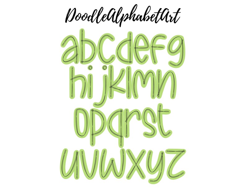May include: A green outlined alphabet with a black doodle style font. The letters are in uppercase and are arranged in rows. The text "DoodleAlphabetArt" is at the top of the image.