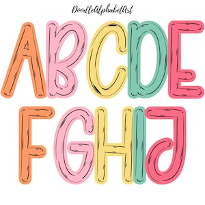 Vibrant Hand-Drawn Scribble Doodle Alphabet PNG Bundle, Sketch Letters Clipart, Teacher color Digital Download Alpha Pack for DIY Crafts