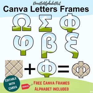 Canva Frames Greek Letters Bundle, Geometric Font, Hand Drawn Editable Frame Alphabet Sublimation, Easy Drag &Drop Photo, Patterns or colors