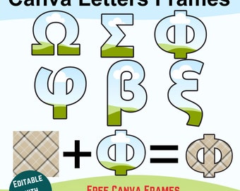 Canva Frames Greek Letters Bundle, Geometric Font, Hand Drawn Editable Frame Alphabet Sublimation, Easy Drag &Drop Photo, Patterns or colors