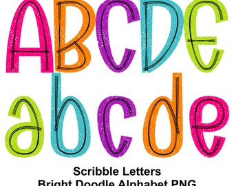 Bright Doodle Alphabet PNG: Vintage Grunge Letters, 5 Sets (Digital Download)