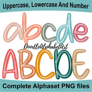 Handwriting Scribble letters PNG, 10 Alpha Set, Doodle Earthy Boho Alphabet PNG Bundle, Complete Alphabet uppercase, Lowercase and Numbers