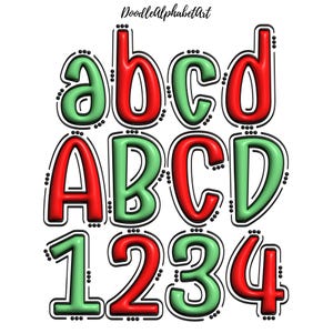 Red and Green Doodle 3D Inflated Letters PNG, outline & Dots Alphabet Christmas, 2 Alpha Sets PNG, Digital Downloads for Christmas Crafts