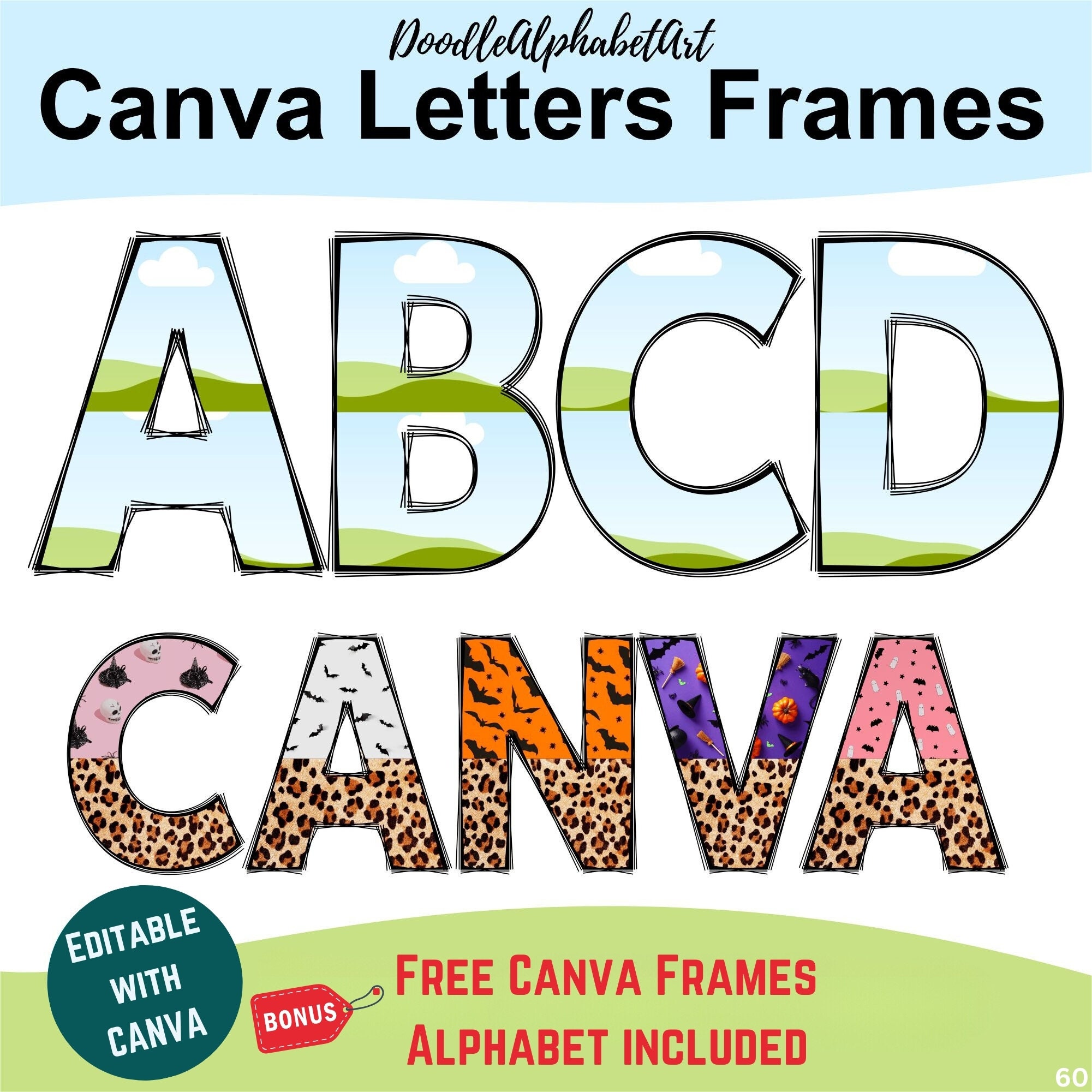 Scribble Canva Frames Split Alphabet Font, Easy Drag and Drop Photo, Patterns or Fill your own Colors, Create Digital Design Elements CANVA