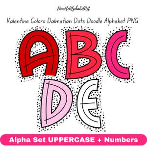 CenterLine Doodle Letters PNG with Dalmatian Dots Bold Outline, Valentine Color Palette, 5 Hand-Drawn Alpha Set for sublimation & DIY crafts