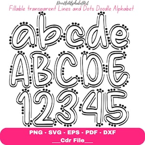 May include: Black and white doodle alphabet and numbers with dotted outlines. The letters are in a playful, rounded font. The letters are uppercase and lowercase. The numbers are 1 through 5.
