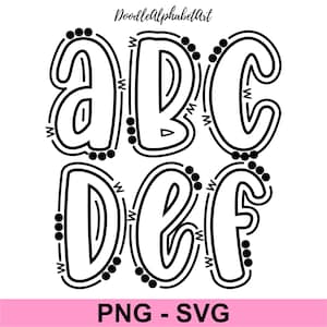 Puede incluir: Contorno en blanco y negro de las letras A, B, C, D, E y F en una fuente de estilo garabato caprichosa. Las letras están decoradas con pequeños círculos alrededor de los bordes.