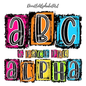 May include: Colorful alphabet letters in black outlined squares with a grunge texture. The letters are A, B, C, L, P, H, and A. The text "5 pack PNG" is below the first three letters. The text "DoodleAlphabetArt" is at the top of the image.