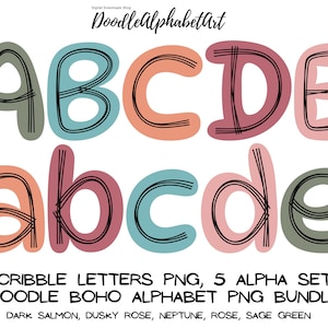Boho Scribble letters PNG, 5 Alphabet Set, boho Doodle Alphabet PNG Bundle, Hand Drawn Sublimation PNG Designs Digital Downloads