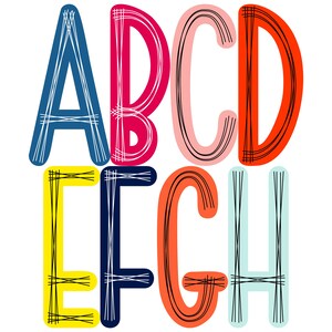May include: Colorful alphabet letters A, B, C, D, E, F, G, H with a white outline and black lines running through them. The letters are in a rainbow of colors, including blue, pink, red, yellow, navy blue, orange, and light blue.