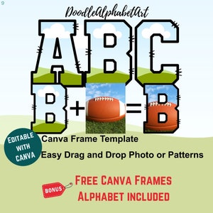 Doodle Letters Varsity Canva Frame Template Fill your own Letters on CANVA Editable Canva Frame Designs, Easy Drag and Drop Photo or Pattern
