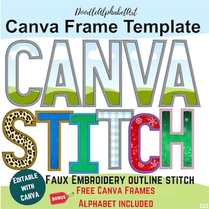 Editable Canva Frame Letters with Faux Embroidery Font | Doodle Alphabet Border Stitch PNG | Drag, Drop Patterns & Personalize Stitch Colors